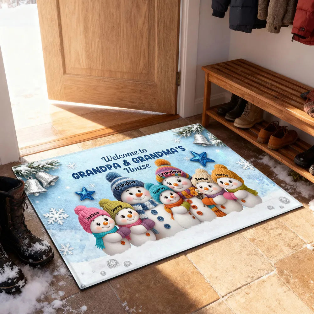 3D Effect Snowy Christmas Snowman Welcome To Grandma Grandpa House - Personalized Doormat - Christmas Gift For Grandma & Grandpa