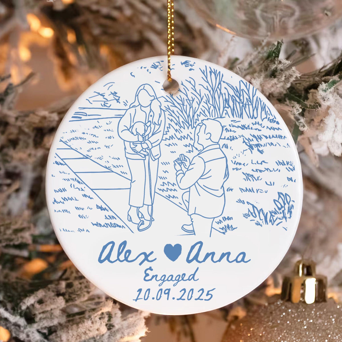 Personalized Engagement Ornament, Anniversary Gift, Custom Couple Portrait Ceramic Ornament, Line Drawing Photo Ornament, Engaged Gifts