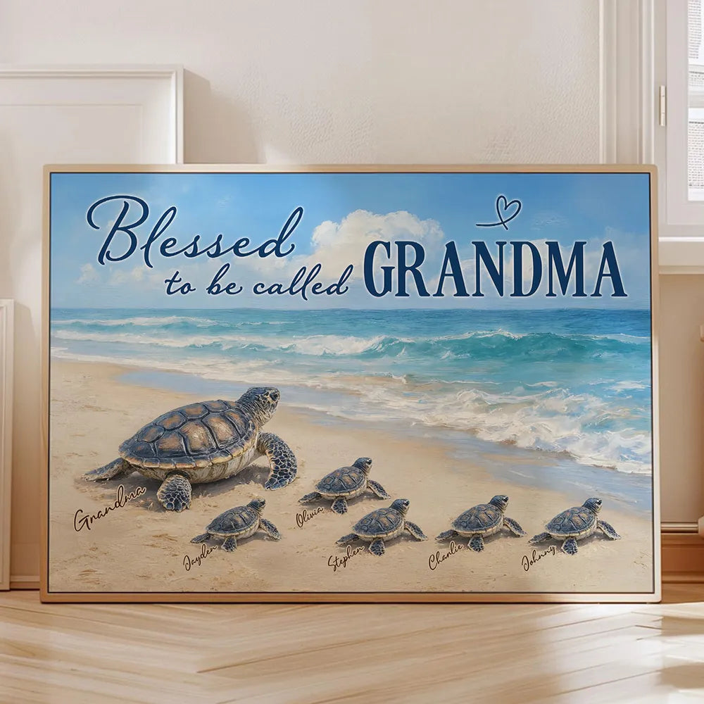 Grandma Turtle's Little Grandkids by the Shore - Personalized Canvas - Mother's Day Gift For Mom, Grandma