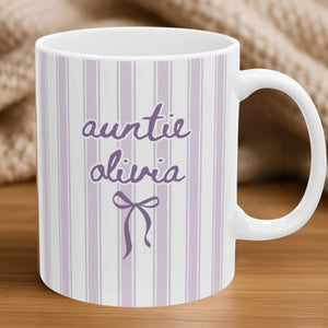 Custom Name Auntie Mug: Baby Announcement Striped Coffee Cup for New Aunt, Personalized New Aunt Gift, Aunt Birthday Gift, Pregnancy Reveal