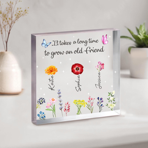 Custom Birth Month Flower Acrylic Plaque, Best Friend Friendship Bestie Gifts, Birthday Gifts, It Takes A Long Time To Grow An Old Friend