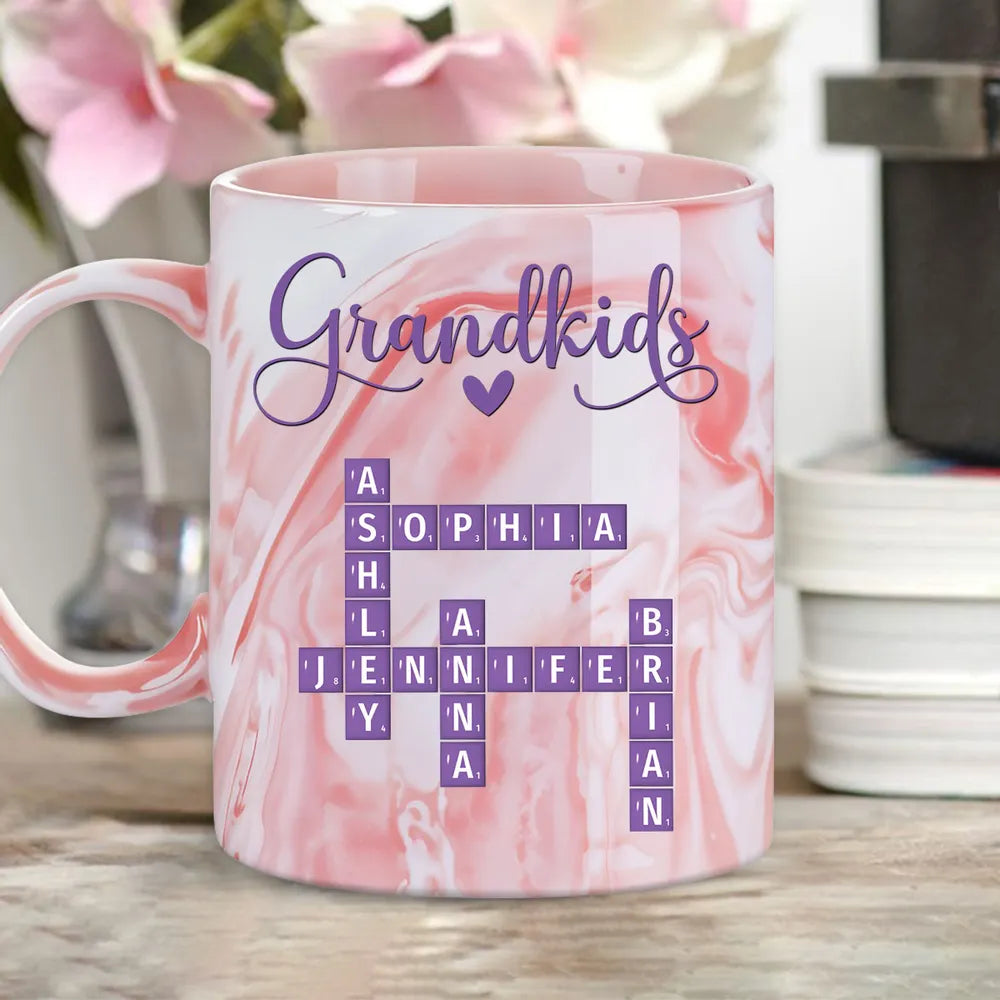 Grandkids Purple Crossword Wildflower Pattern - Personalized Marble Mug - Gift For Grandma Mom, Mother's Day, Birthday Gift