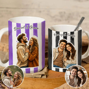 Cabana Stripe Mug - Photo Upload - Personalized Couple Mug, Watercolor Portrait Couple, Friends, Family, Pets