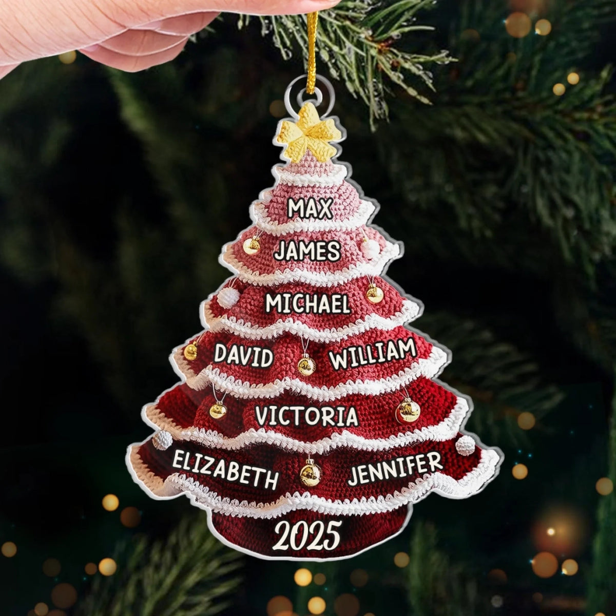 Crochet Christmas Tree Custom Family Names - Personalized 2D Flat Acrylic Ornament - Christmas Gift For Family
