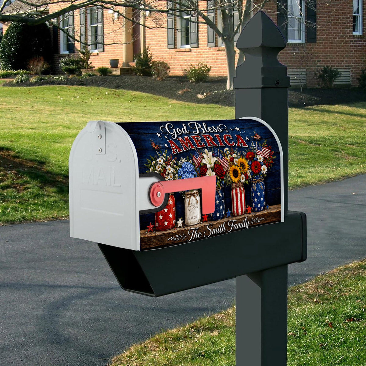 Personalized God Bless America Mailbox Cover, Patriotic Floral Mason Jar Custom Family Mailbox Wrap, 4th of July Yard Decor