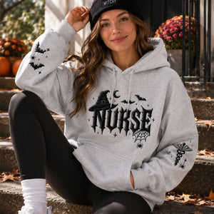 Embroidered Nurse Halloween Sweatshirt, Spooky Nurse Crewneck, Gothic Medical Shirt, Bat Spider Web Sleeve Embroidery, Nurse Gift