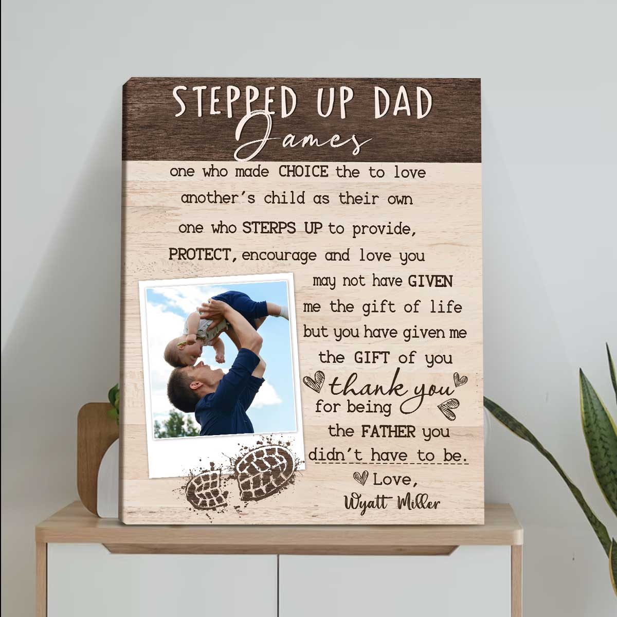Stepped Up Dad Wood Picture Canvas, Custom Father's Day Stepped Up Dad Gift, Personalized Photo Gift For Stepfather