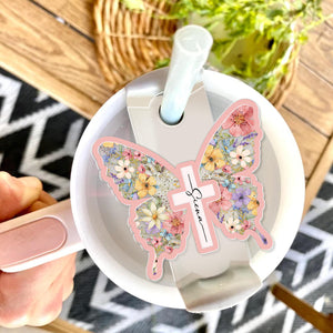 Personalized Butterfly Cross Christian Tumbler Name Tag, Christian Girls Tumbler Tag, Faith Cross Lid Tag