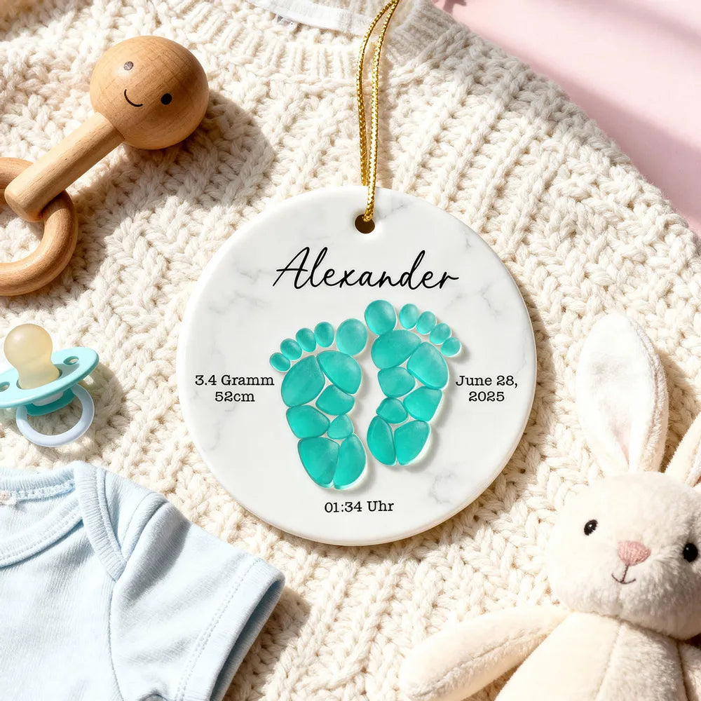 Sea Glass 3D Effect Baby Footprint - Personalized Ceramic Ornament With Acrylic - Christmas Gift for New Parents, Newborn