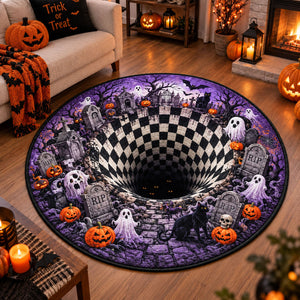 Halloween Round Quilted Rug, 3D Spooky Dungeon Illusion Rug, Ghost and Pumpkin Rug