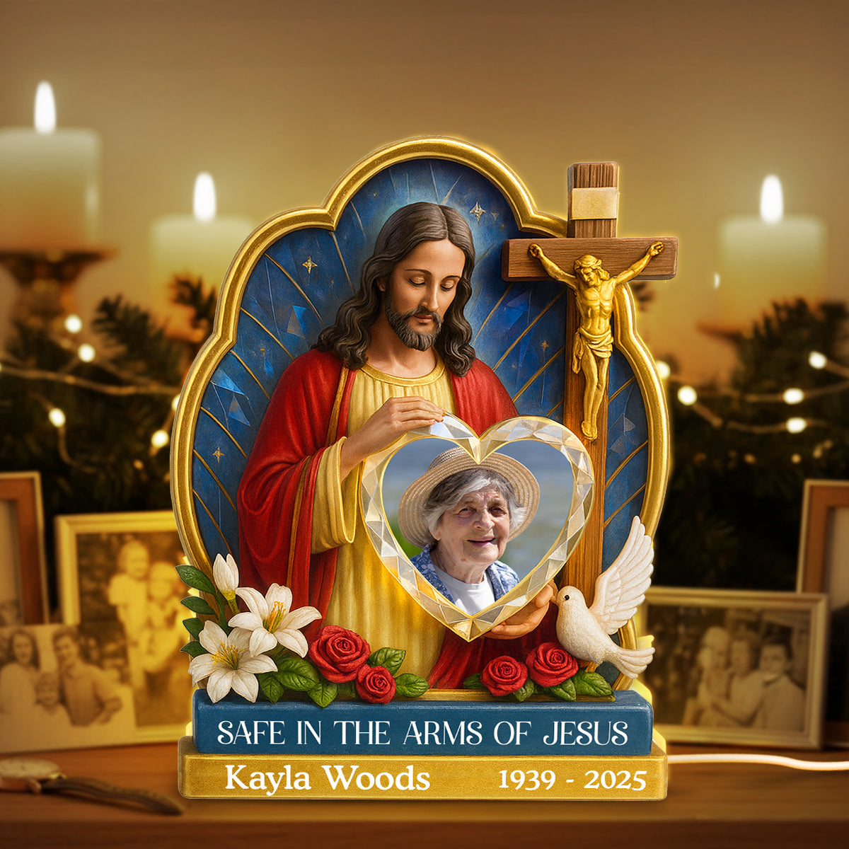Safe In The Arms Of Jesus Custom Photo - Personalized Acrylic Light Box - Christmas Memorial Remembrance Keepsake