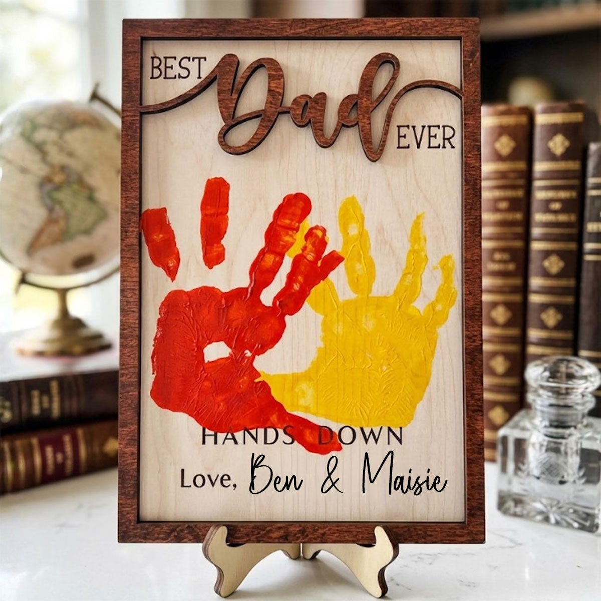 Handprint Sign Fathers Day 2026 Gift, Celebrate Dad with Handprints, Custom Engraved Wooden Sign