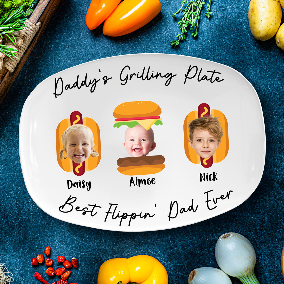 Custom Kids Photo Daddy Grill Platter, Father's Day Gifts, Daddy Platter Gifts, Gift For Dad From Kids, Grilling Plate Papa With Kids Names