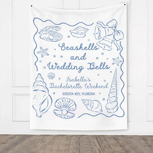 Personalized Bachelorette Party Decor, Wedding Bells and Seashells Banner, Beach Bachelorette Decorations, Coastal Bachelorette Backdrop