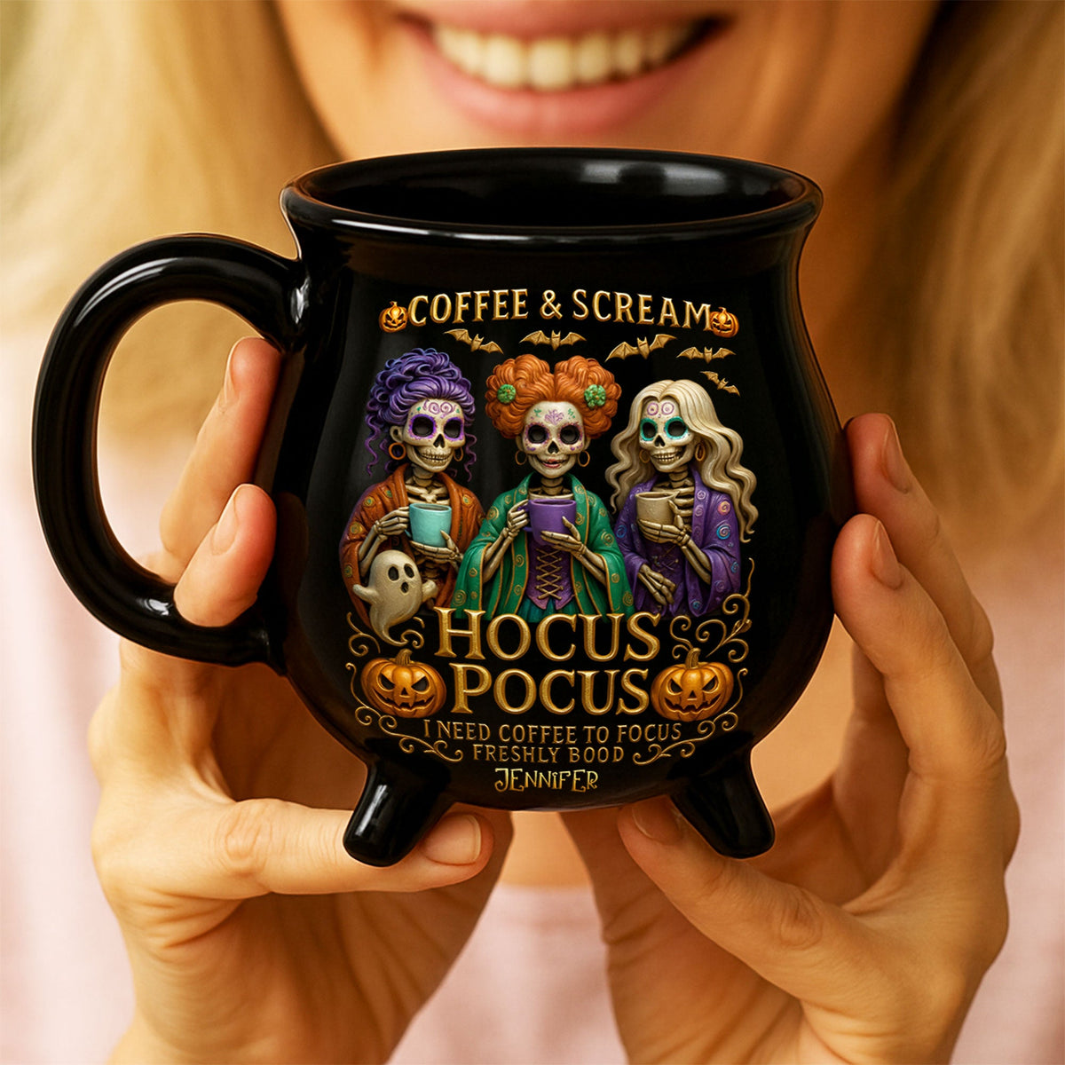 Three Spooky Sisters - Personalized Halloween Black Ceramic Witch Mug - Halloween Gifts For Sisters, Besties