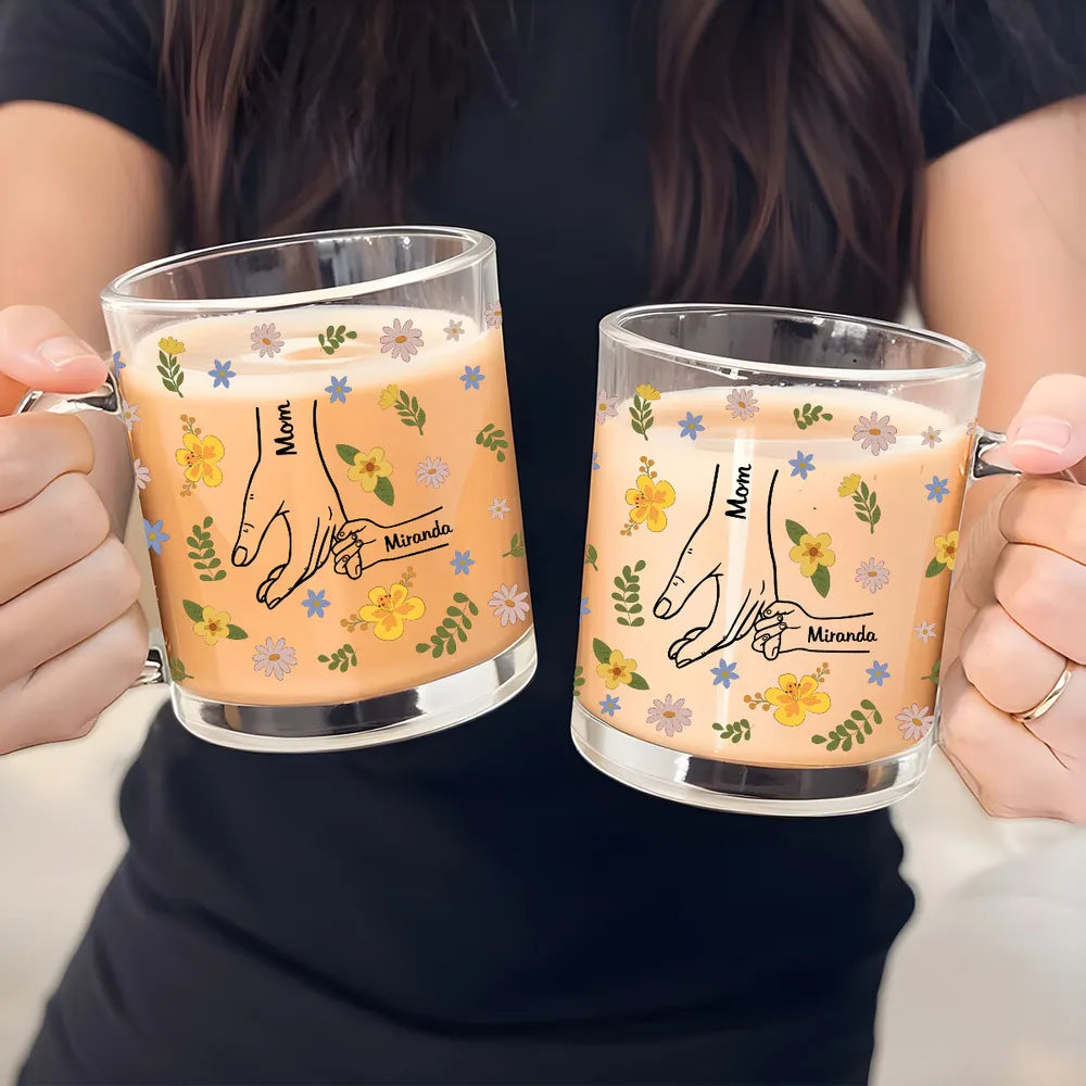 Mom Holding Kids Hands - Personalized Glass Mug - Gift For Mother, Grandma, Mother's Day, Birthday Gift