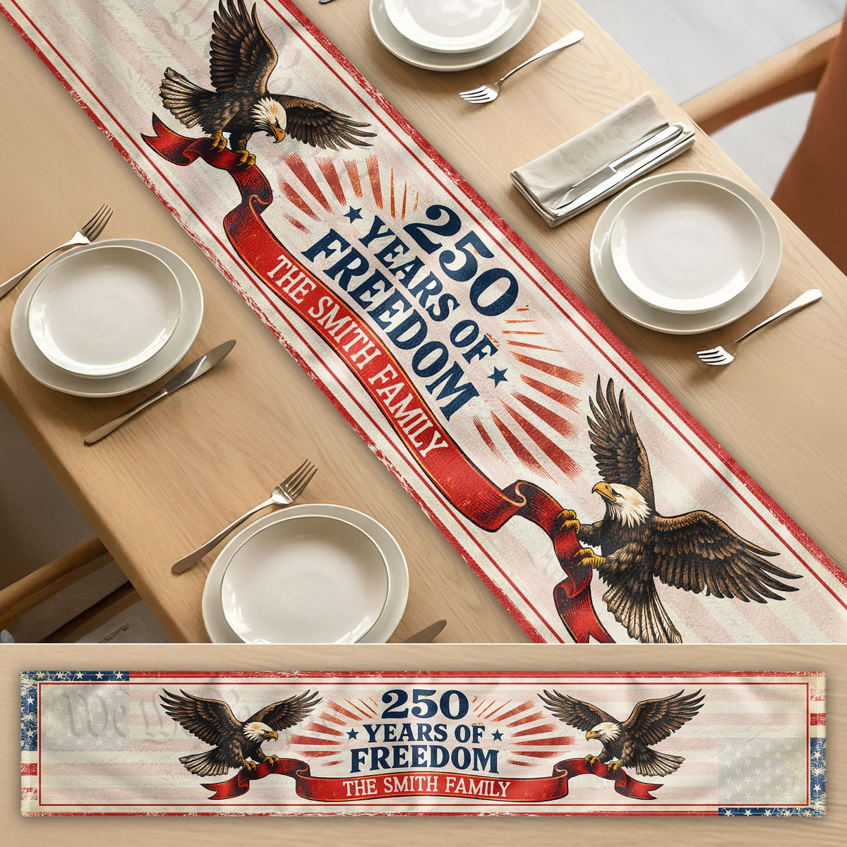 Family Names Freedom - Personalized Table Runner - 4th Of July Gift For Family, 250th Home Decoration