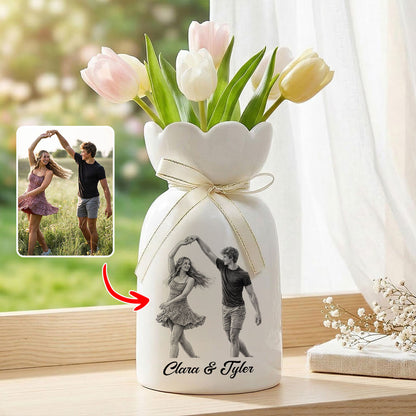 Custom Line Portrait Flower Vase, Personalized Ceramic Flower Vase with Couple Photo Drawing, Wedding Anniversary