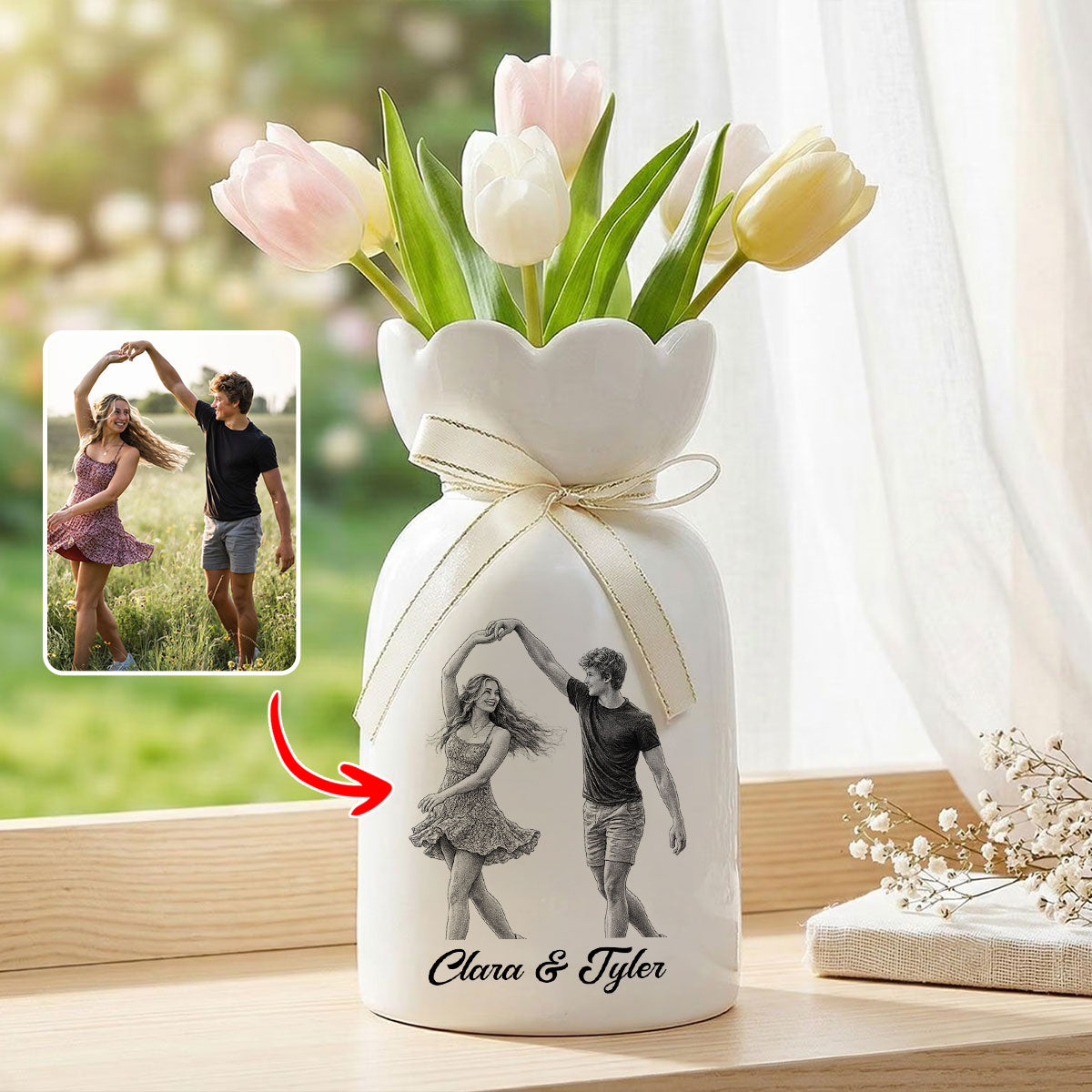 Custom Line Portrait Flower Vase, Personalized Ceramic Flower Vase with Couple Photo Drawing, Wedding Anniversary