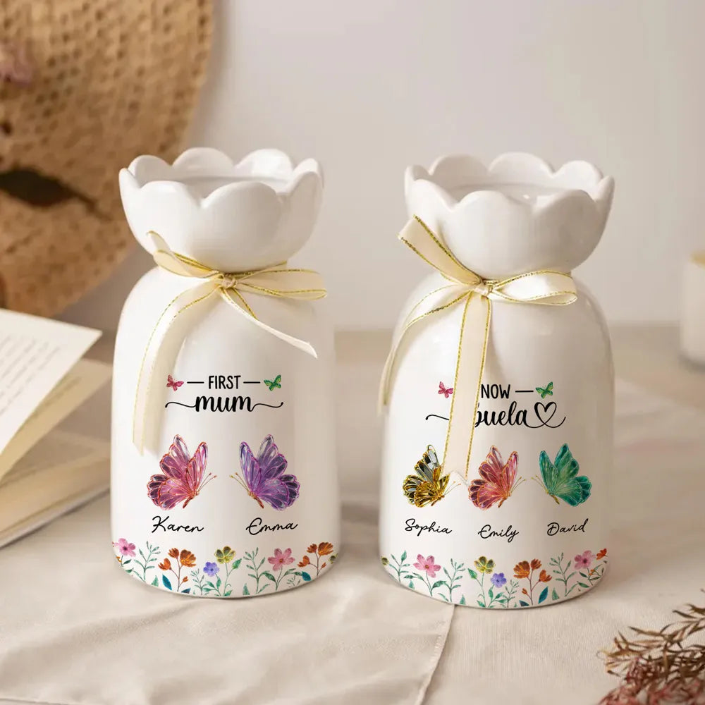 First Mom Now Grandma Butterflies - Personalized Bloom Vase - Gift For Grandma, Mom, Mother's Day Gift