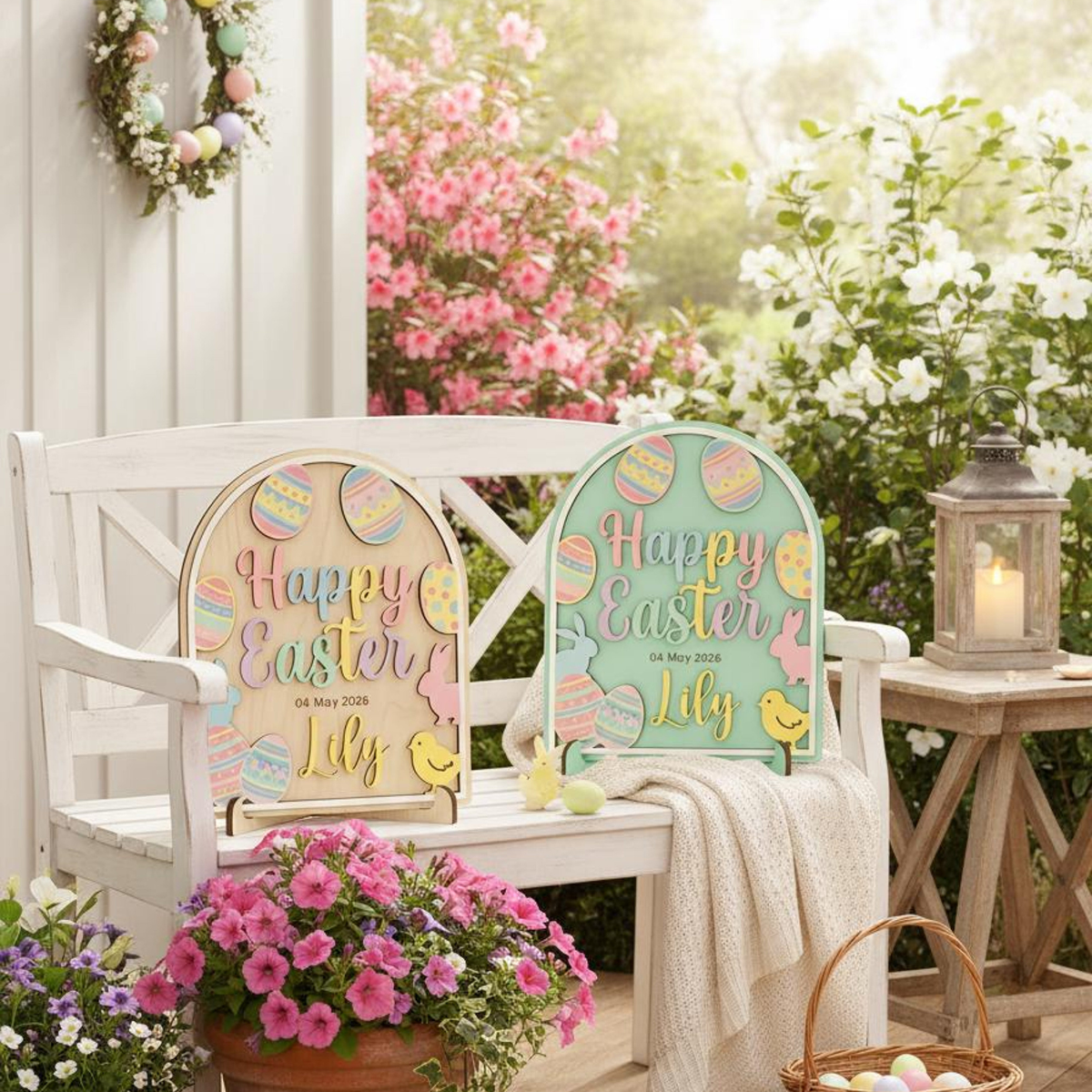 Happy Baby's First Easter Wood Sign, Custom Name & Color Easter Decor, Wooden Plaque with Stand, Kids Keepsake Gift, Easter's Day Baby
