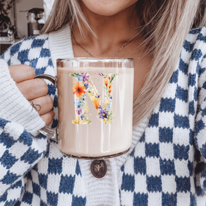 Personalized Floral Monogram Clear Glass Mug Custom Name Coffee Cup Elegant Bridesmaid Gift Wildflower Tea Cup Wedding Favor Gift for Her