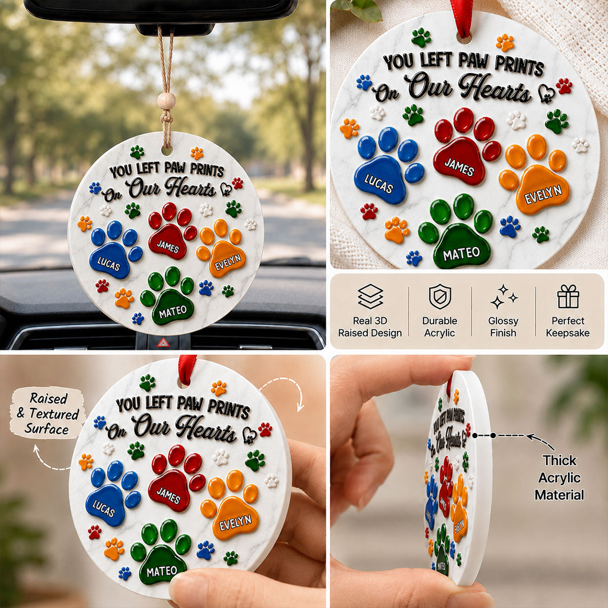 Pawprints On My Heart Family Christmas - Memorial Ornament - Real 3D Raised Ornament