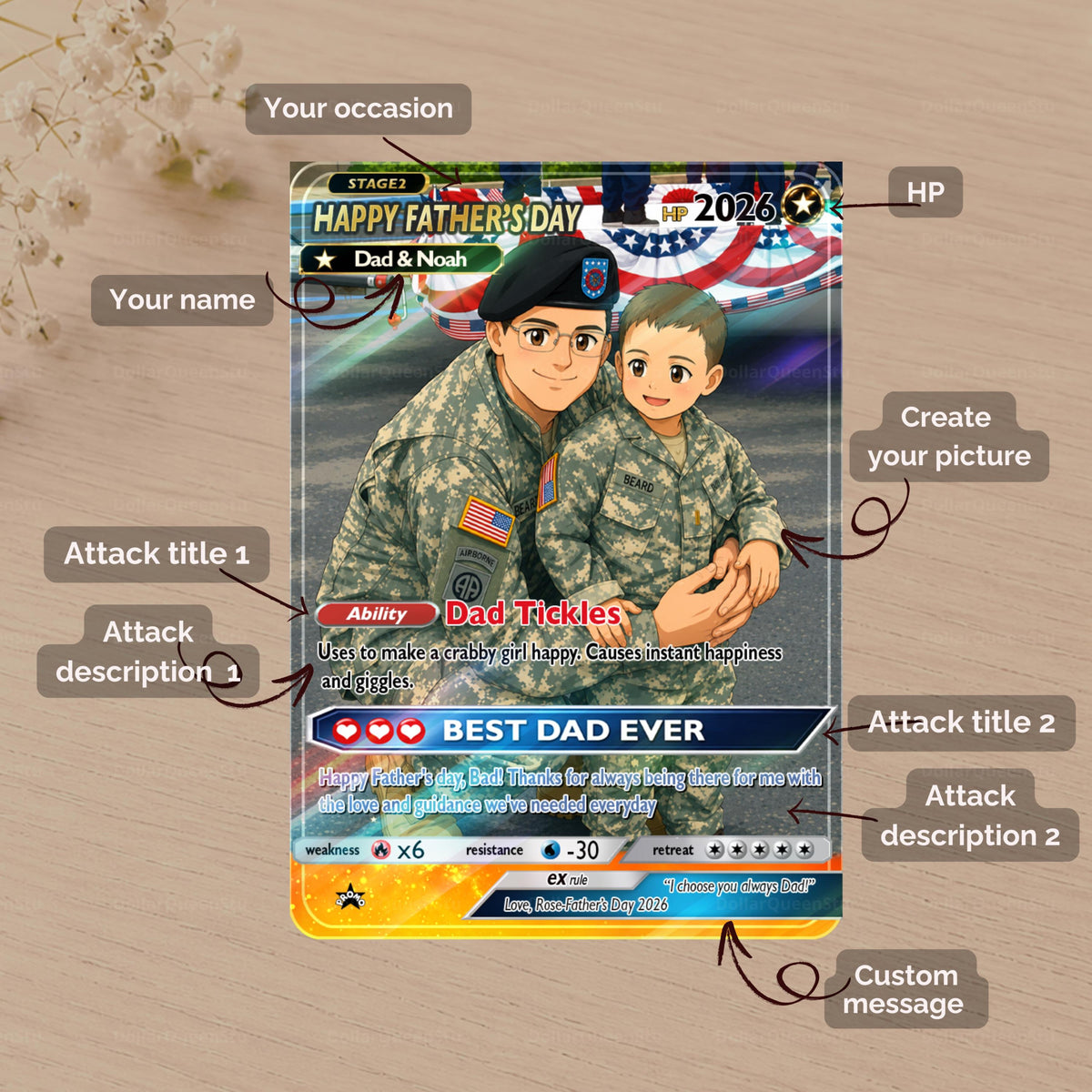 Custom Poke Card for Dad, Card For Soldier Dad, Personalized Father s Day Anime Gift, Holographic Trading Card for Him