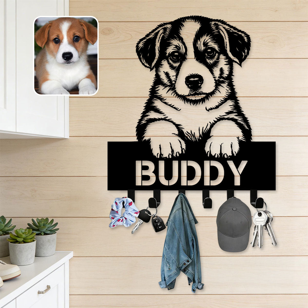 Custom Name Pet Portrait - Metal Key Holder/Hanger