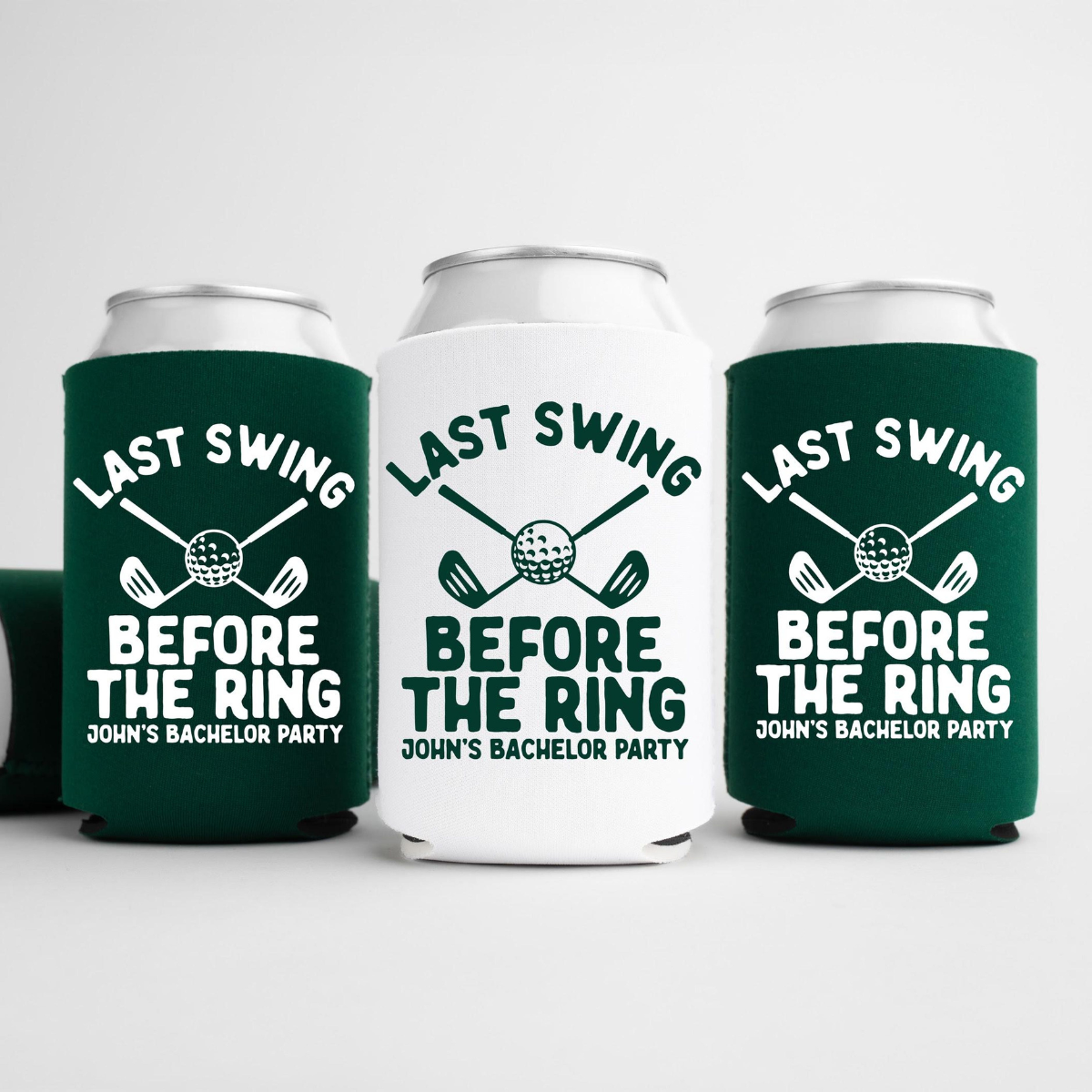 Last Swing Before The Ring Bachelor Can Coolers, Personalized Golf Can Sleeves, Custom Golf Bachelor Party Favors, Bach Can Holder