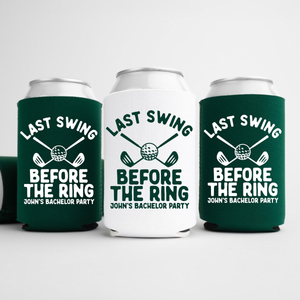 Last Swing Before The Ring Bachelor Can Coolers, Personalized Golf Can Sleeves, Custom Golf Bachelor Party Favors, Bach Can Holder