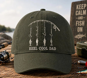 Personalized Reel Cool Dad Cap, Fathers Day Gift, Dad Fishing Hat, Fishing Gift for Grandpa, Fisherman Papa & Kid Name Embroidered Cap