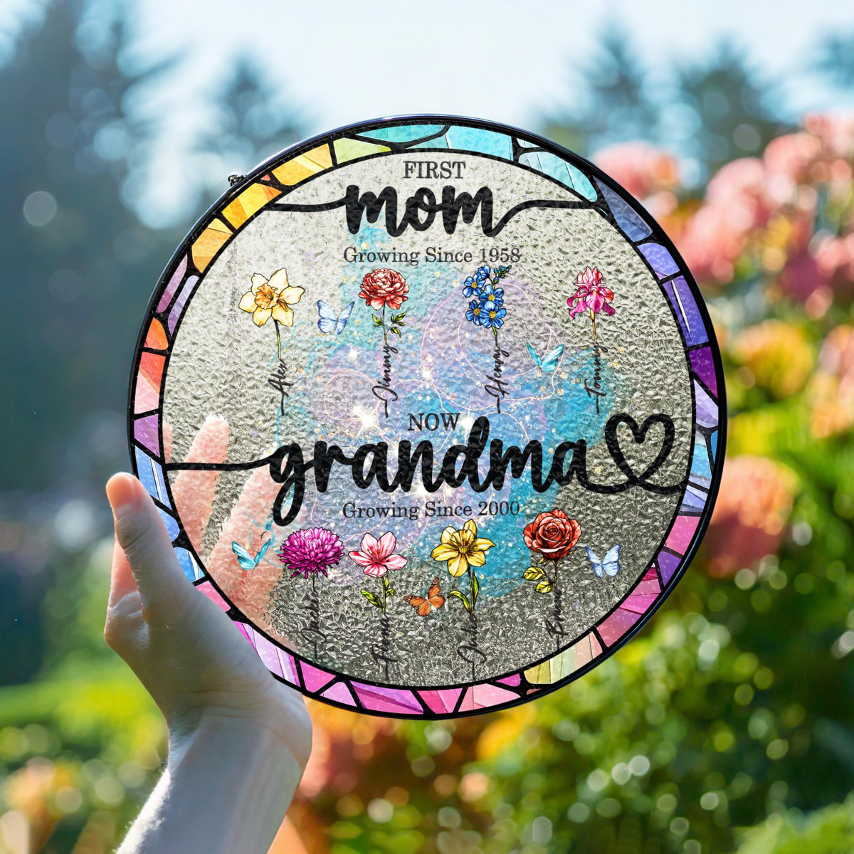 First Mom now Grandma Stained Glass Suncatcher, Grandma's Garden Suncatcher, Birth Flower Stained Glass Suncatcher Mothers Day Gift For Mom