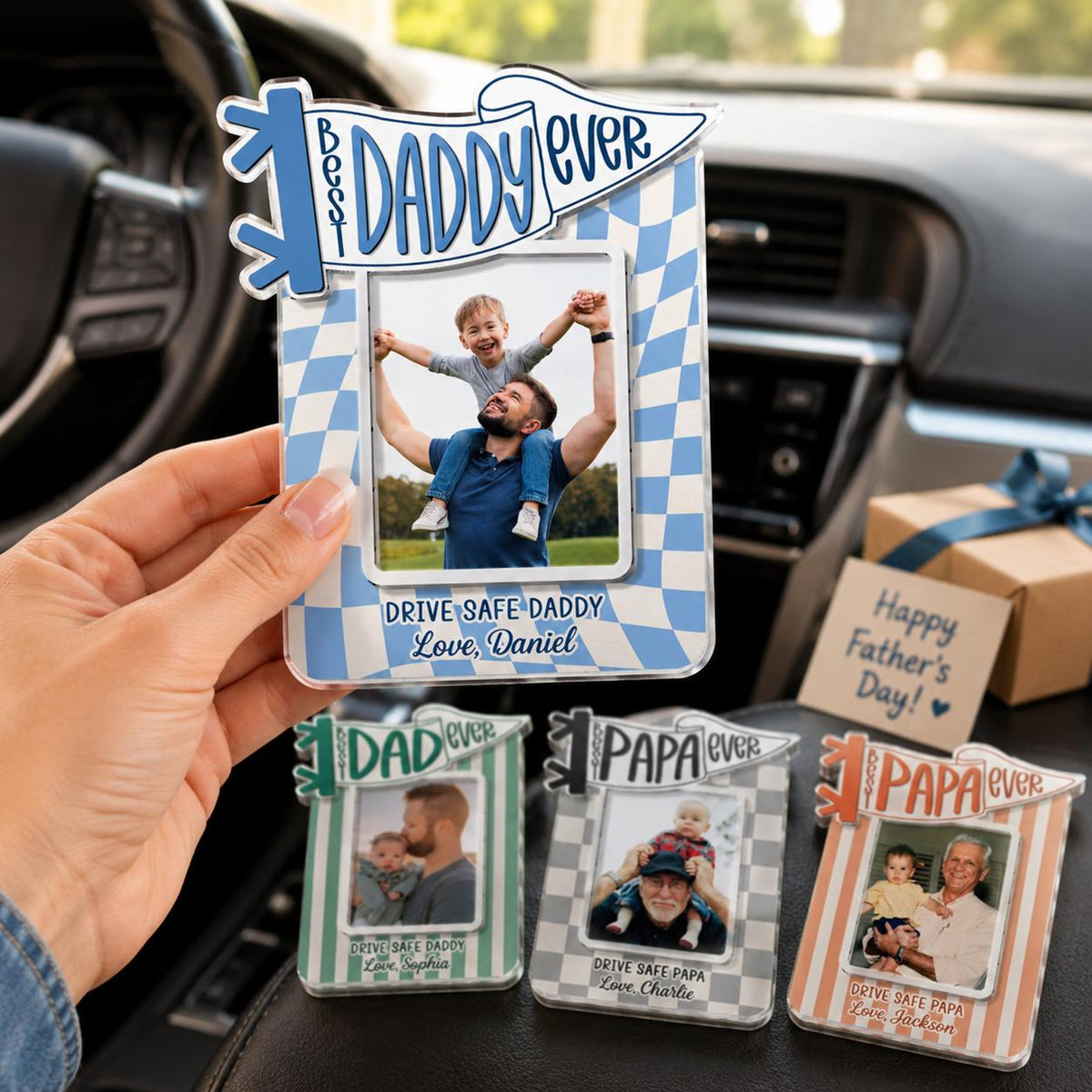 Personalized Best Dad Ever Sun Visor Clip Picture Frame, Custom Photo Car Visor Clip for Dad, Drive Safe Daddy Gifts, First Fathers Day Gift