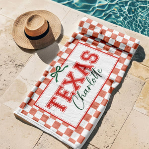 Personalized Coquette School Striped Beach Towel: College University Pride Spirit Gift, High School Graduation Gift, Class Of 2026 Gift