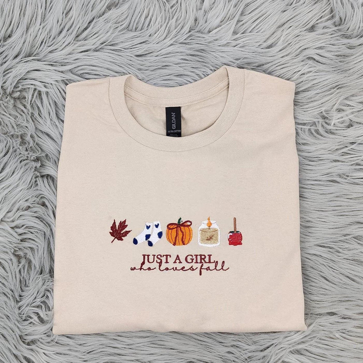Just a Girl who loves Fall Embroidered Crewneck, Cozy Fall Vibes, Pumpkin Spice, Cute Autumn Sweatshirt, Fall Icons, Autumn-Themed Apparel