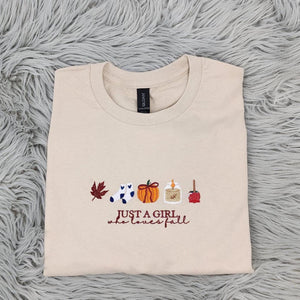Just a Girl who loves Fall Embroidered Crewneck, Cozy Fall Vibes, Pumpkin Spice, Cute Autumn Sweatshirt, Fall Icons, Autumn-Themed Apparel