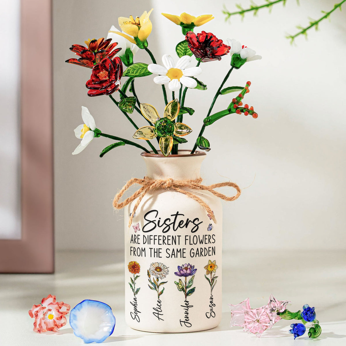 Sisters Are Different Flowers - Personalized Ceramic Vase With Glass Flowers - Gift For Sisters, Siblings, Besties
