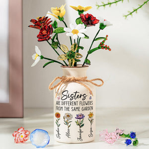 Sisters Are Different Flowers - Personalized Ceramic Vase With Glass Flowers - Gift For Sisters, Siblings, Besties