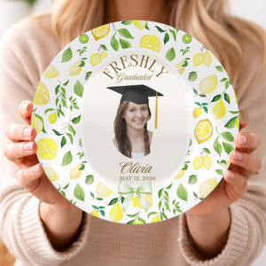 Lemon Graduation Party Decor, Freshly Graduated Plate, Citrus Grad Party Plate Pastel Lemon Table Decor, Summer Graduation Photo Prop Cus