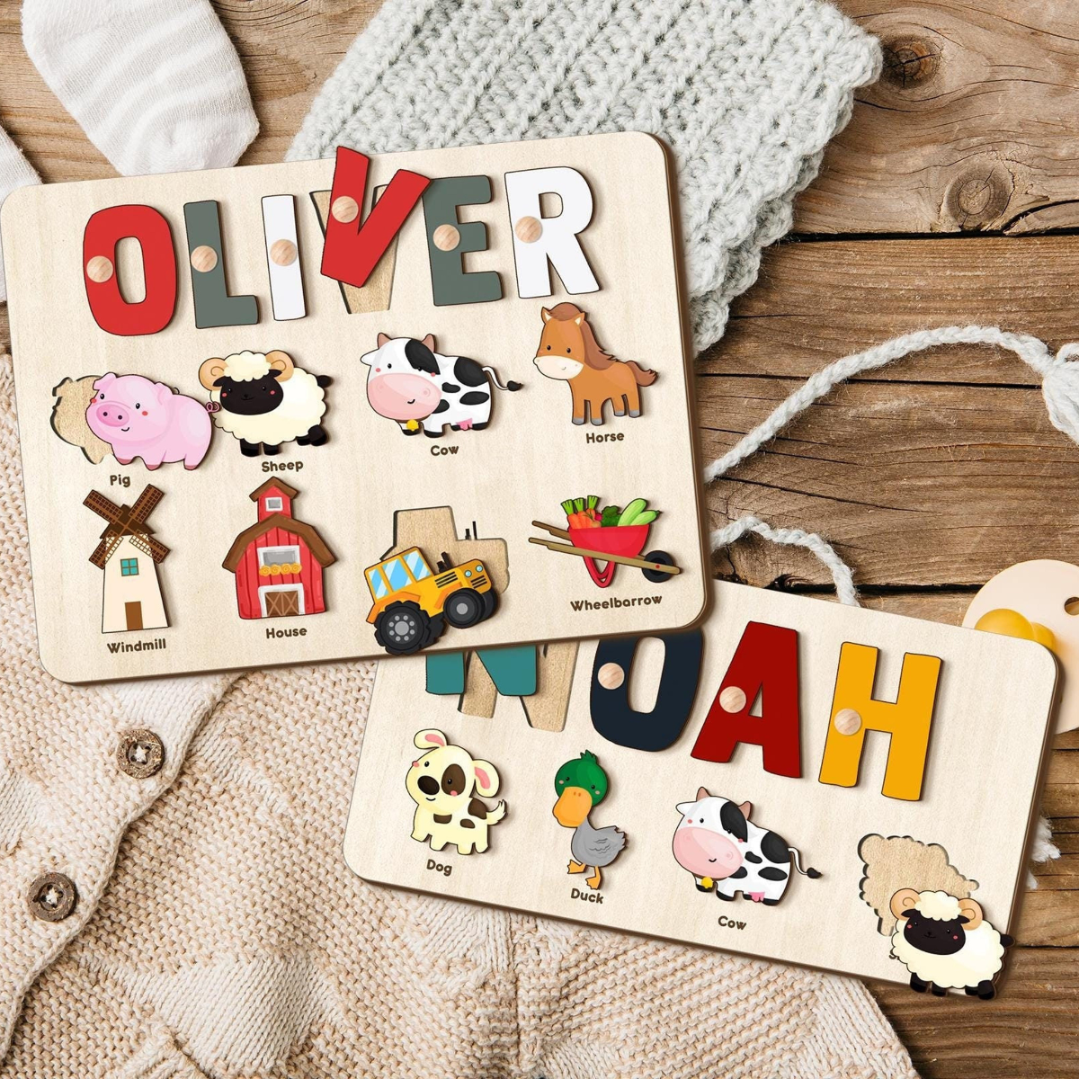 Farm Animal Name Puzzle with Pegs, Wooden Busy Board, 1st Birthday Gift for Kids, Baby Shower Gift, Nursery Decor, Wood Toy for One Year Old