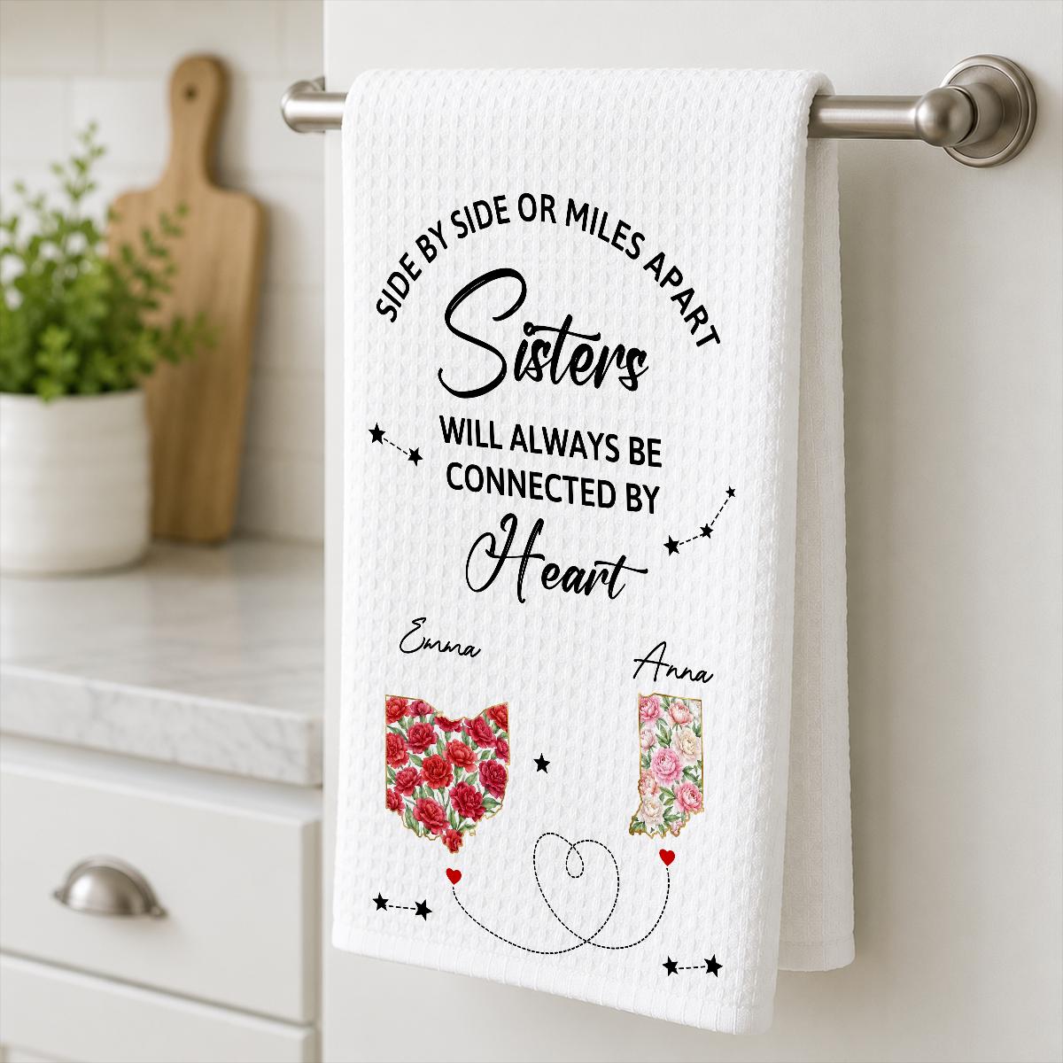Connected By Heart - Personalized Kitchen Towel, Gift For Sisters, Bestie
