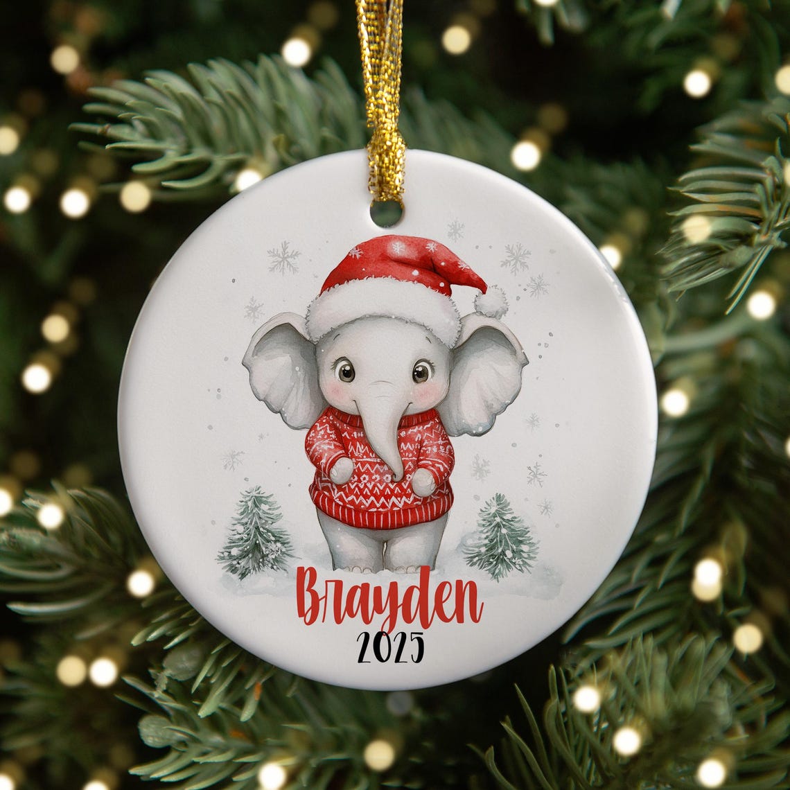 Personalized Elephant Christmas Ornament, Kids Name Ornaments, Custom Santa Elephant Ornament, Childrens Gift for Boys, Girls Elephant Gifts