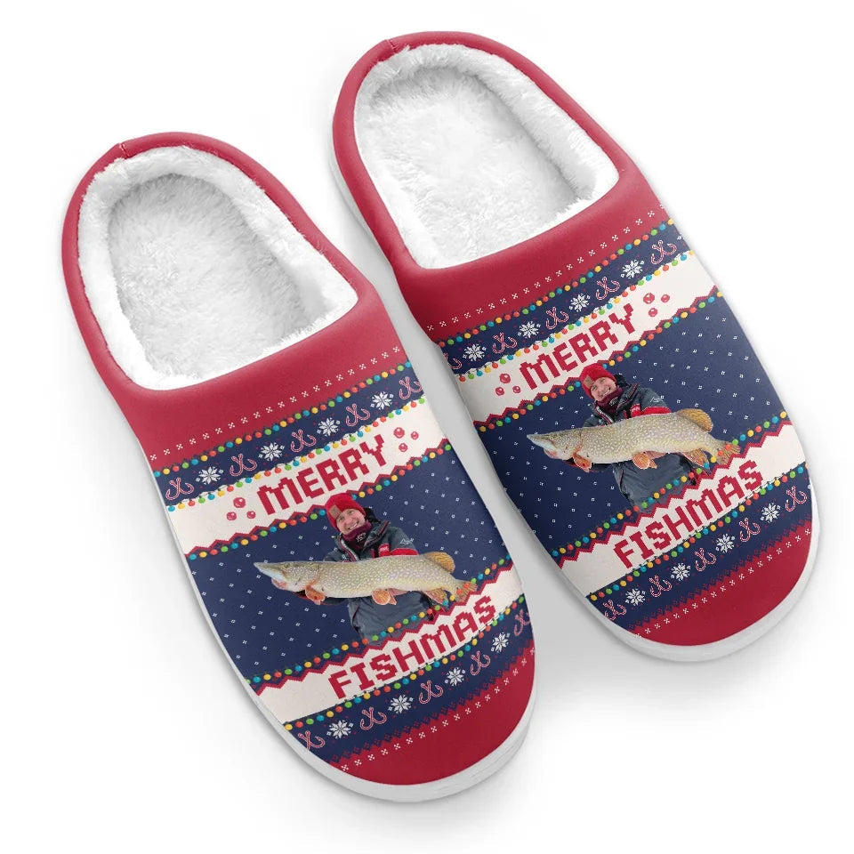 Custom Photo Merry Fishmas - Personalized Fleece Slipper - Christmas Gift For Fishing Lovers, Fisherman