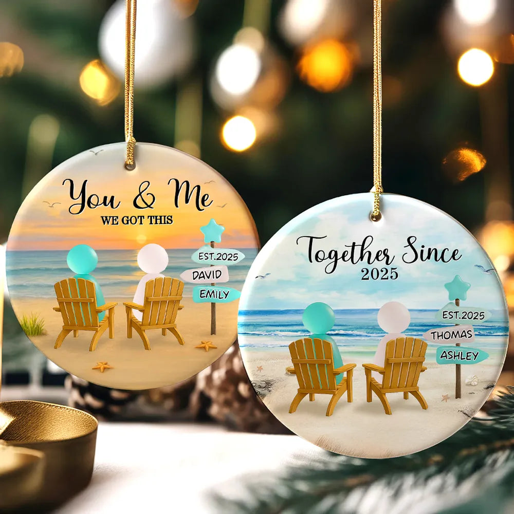 3D Effect Sea Glass Couple Romantic Beach Landscape - Personalized Ornament - Christmas Gift For Couple