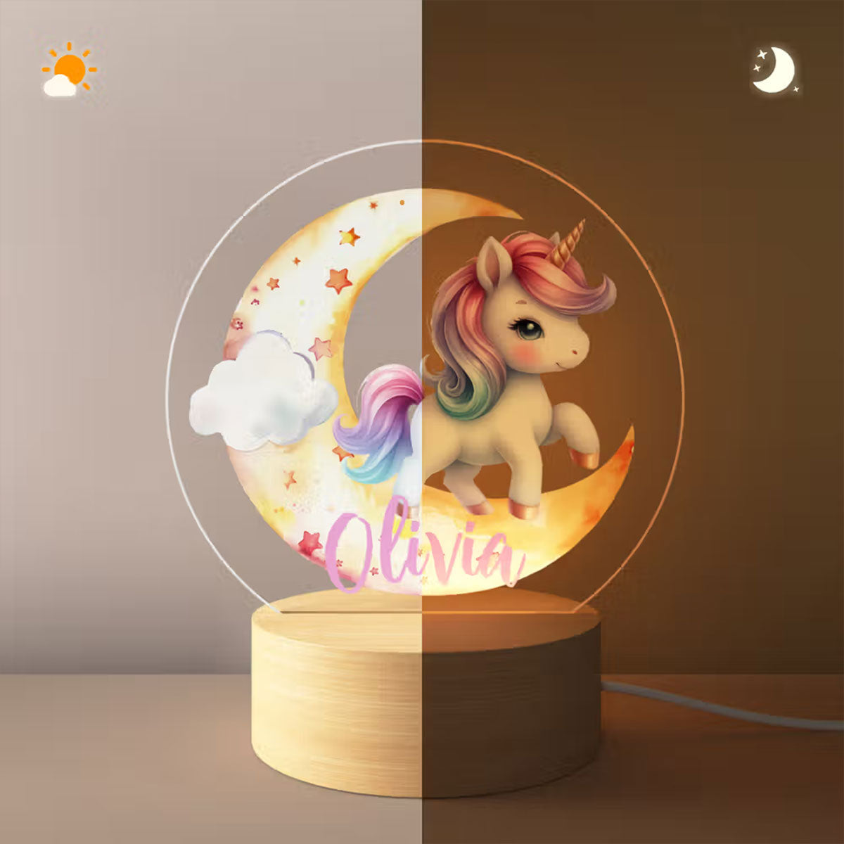 Personalized Unicorn Moon Night Light, Custom Unicorn Name Acrylic LED Lamp, Rainbow Unicorn Nursery Decor, Birthday Gift for Girls, Kids Bedroom Light
