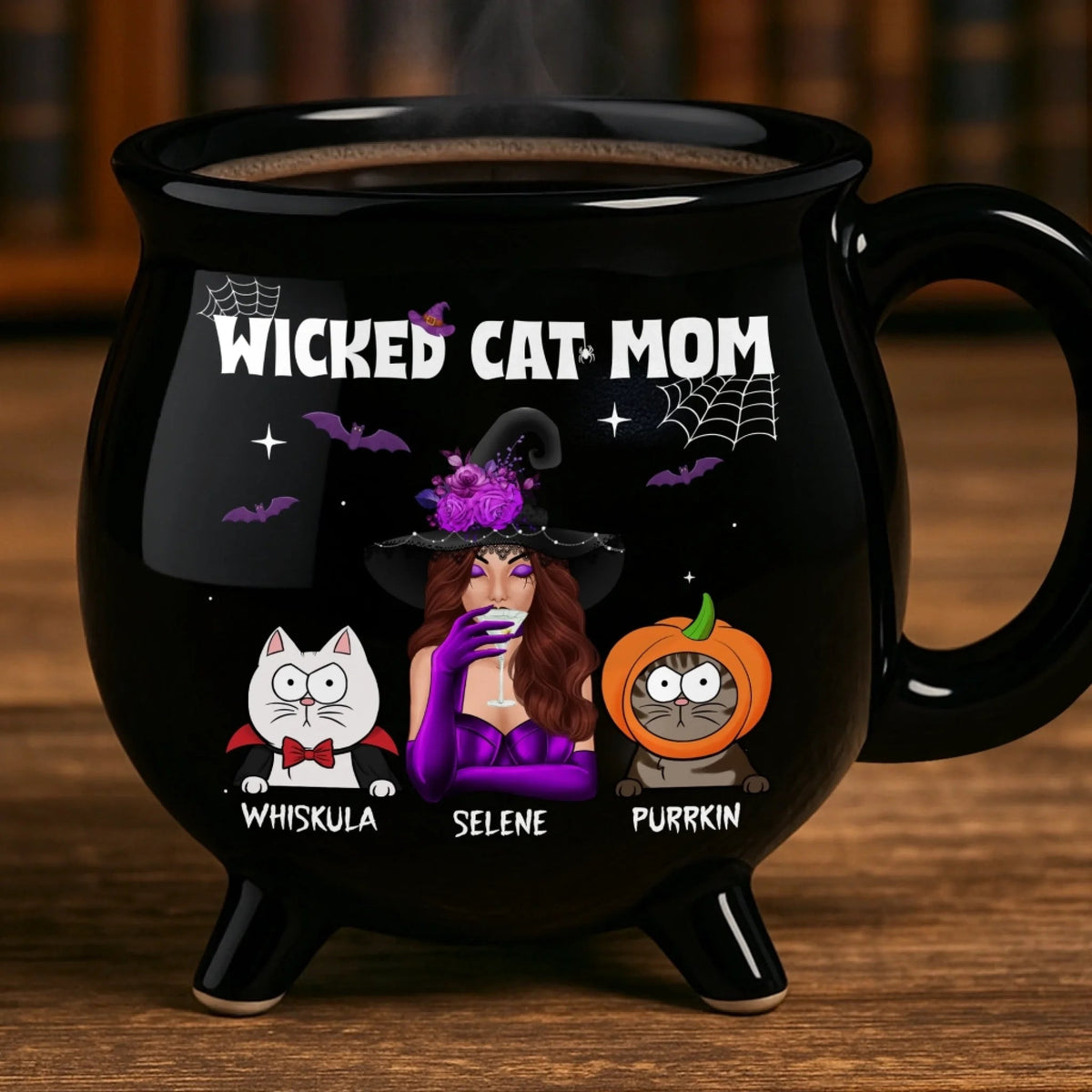 Wicked Cat Mom - Personalized Halloween Black Ceramic Witch Mug - Gift For Cat Mom, Halloween Gift For Cat Lovers