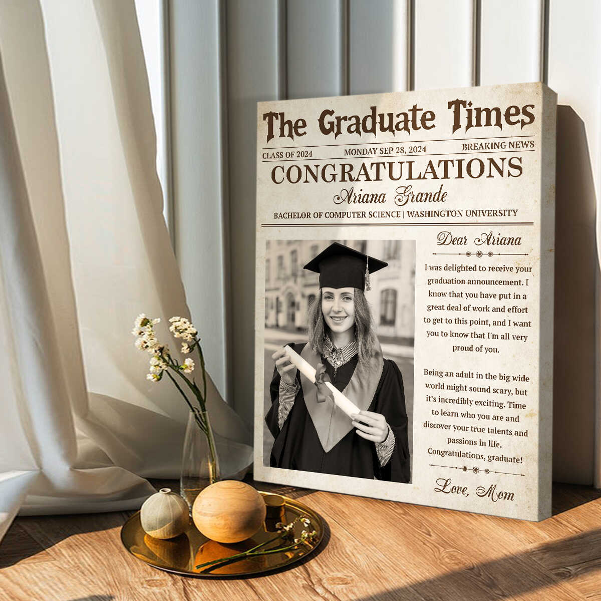 Happy Graduation Class of 2025 Canvas, Newspaper Photo Canvas Print, Personalized Graduation Canvas Wall Art, Custom Graduation Newspaper Gift