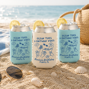 Ocean Tides & Birthday Vibes Birthday Can Cooler - Custom Beach Birthday Party Favors - Personalized Cozies in Regular and Slim Size
