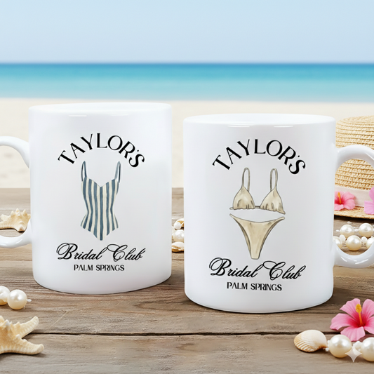 Personalized Coastal Bachelorette Mug, Custom Ceramic Mug, Beach Bachelorette Party, Lake Life, Palm Springs, Custom Party Favors